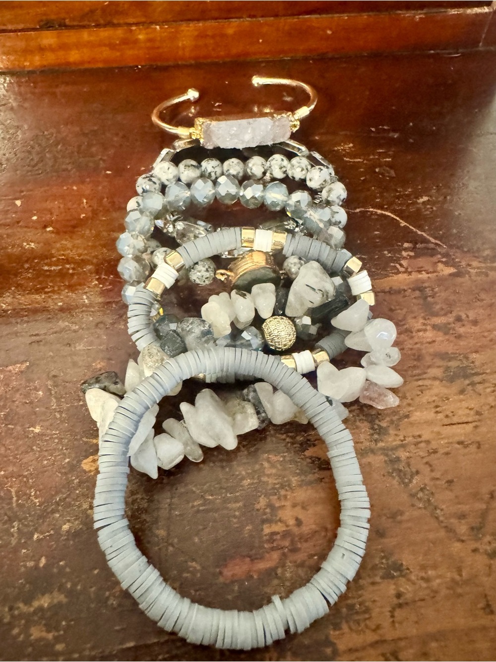 Gray Stone & Bead Stretch Bracelet Set - Women Jewelry- set of 8